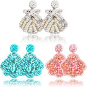 Set of 3 Beaded Seashell Dangle Earrings for Women in Pink, Blue, White - Coasta